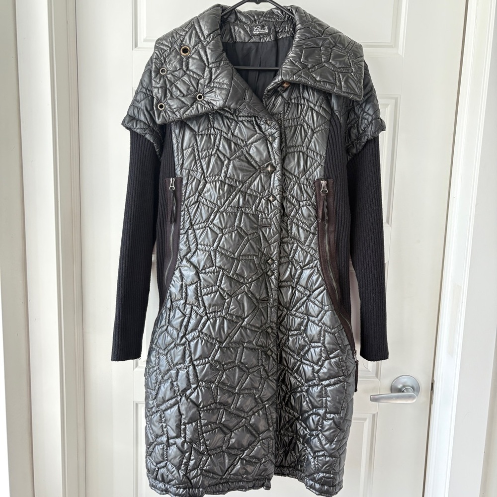 Laflamme Fourrure Gunmetal Quilted Long Coat Jacket Knit Sleeve Size M